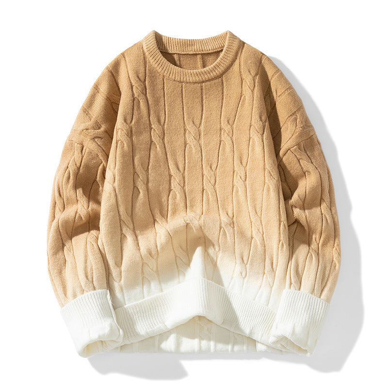 Gradient Style Contrast Round Neck Thickened Men's Sweater