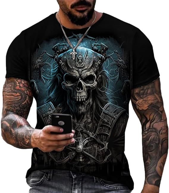 Printed Men's Short Sleeve Skull Head Round Neck T-shirt