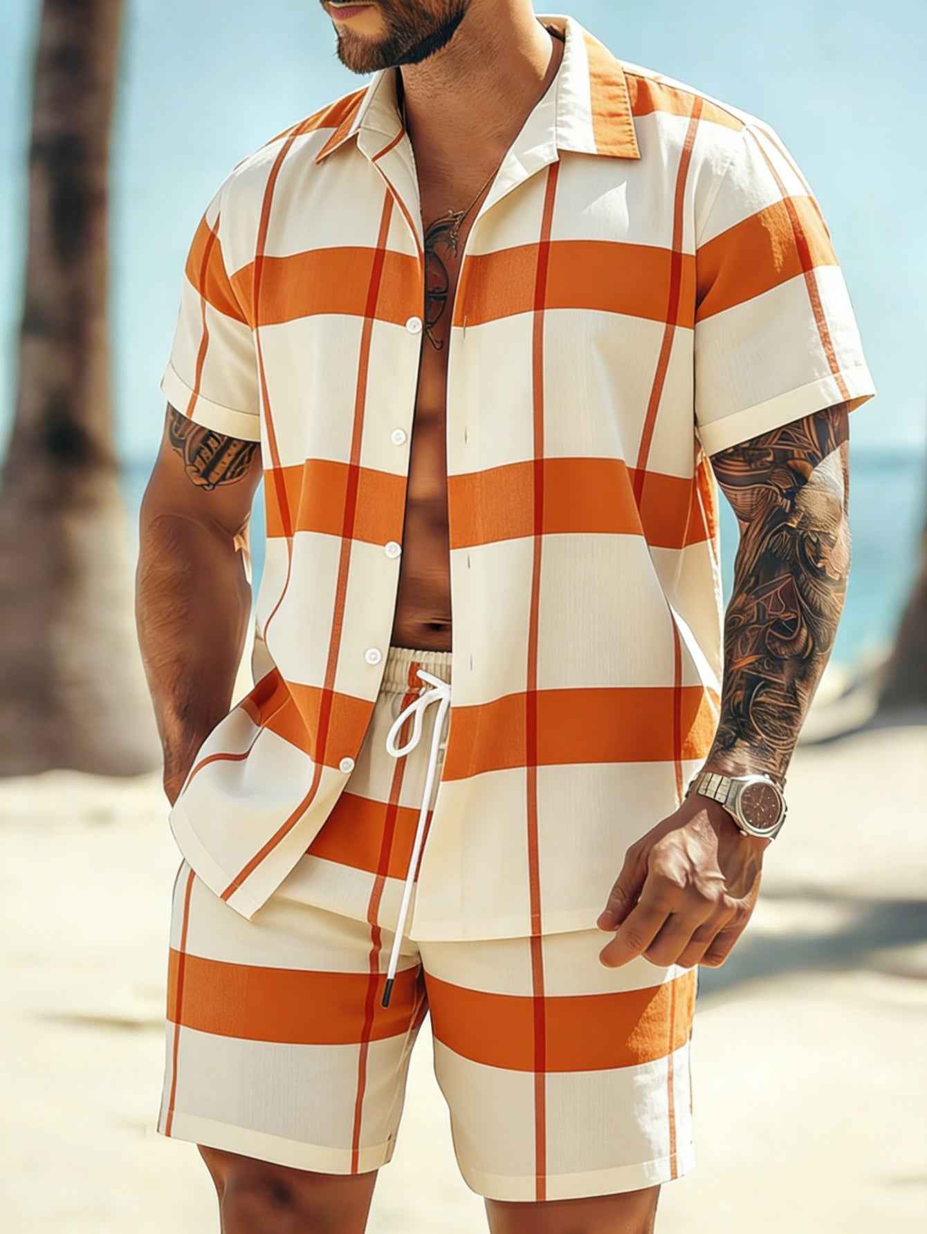 Relaxed Orange And White Checkered Shirt And Shorts for Men