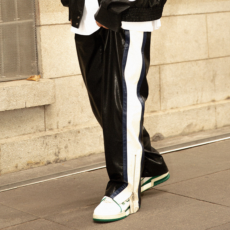 Men's Striped Leather Loose And Straight Pants