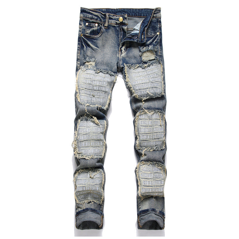 Retro Patch Blue Slim Fit Men Jeans