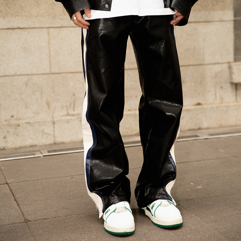 Men's Striped Leather Loose And Straight Pants