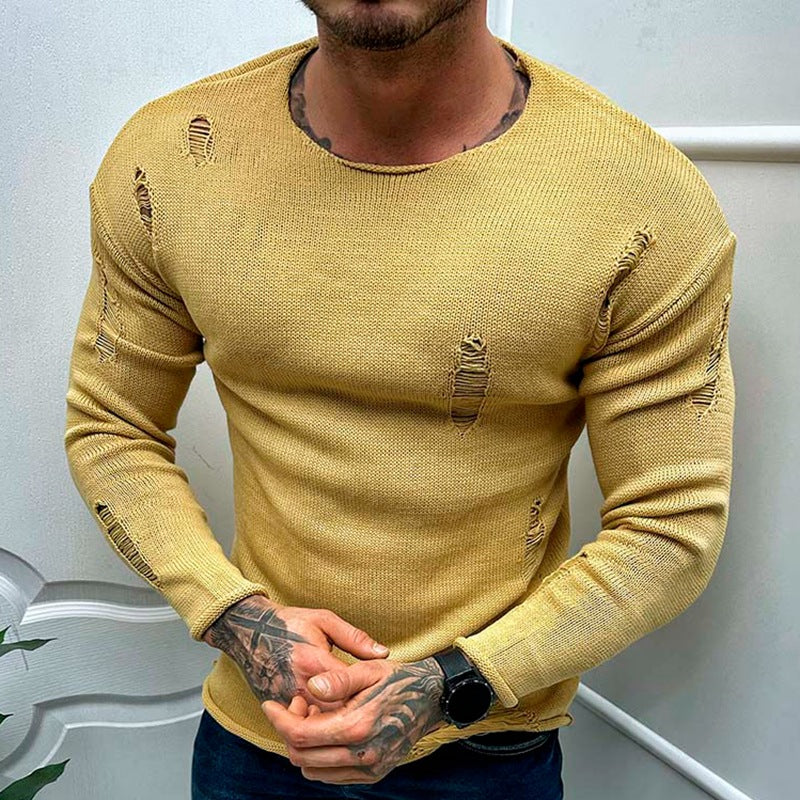 New Ripped Round Neck Long Sleeve Thin Sweater