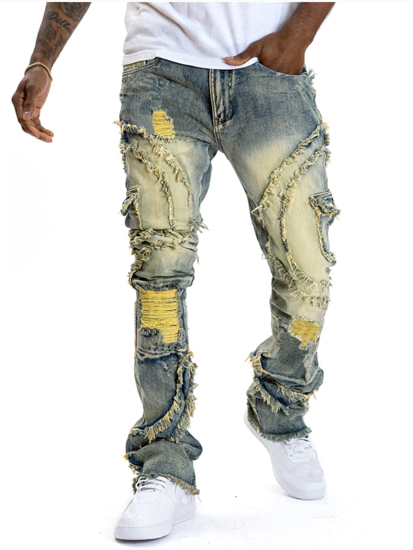 Patchwork Fringe Slightly Flared Stretch Jeans