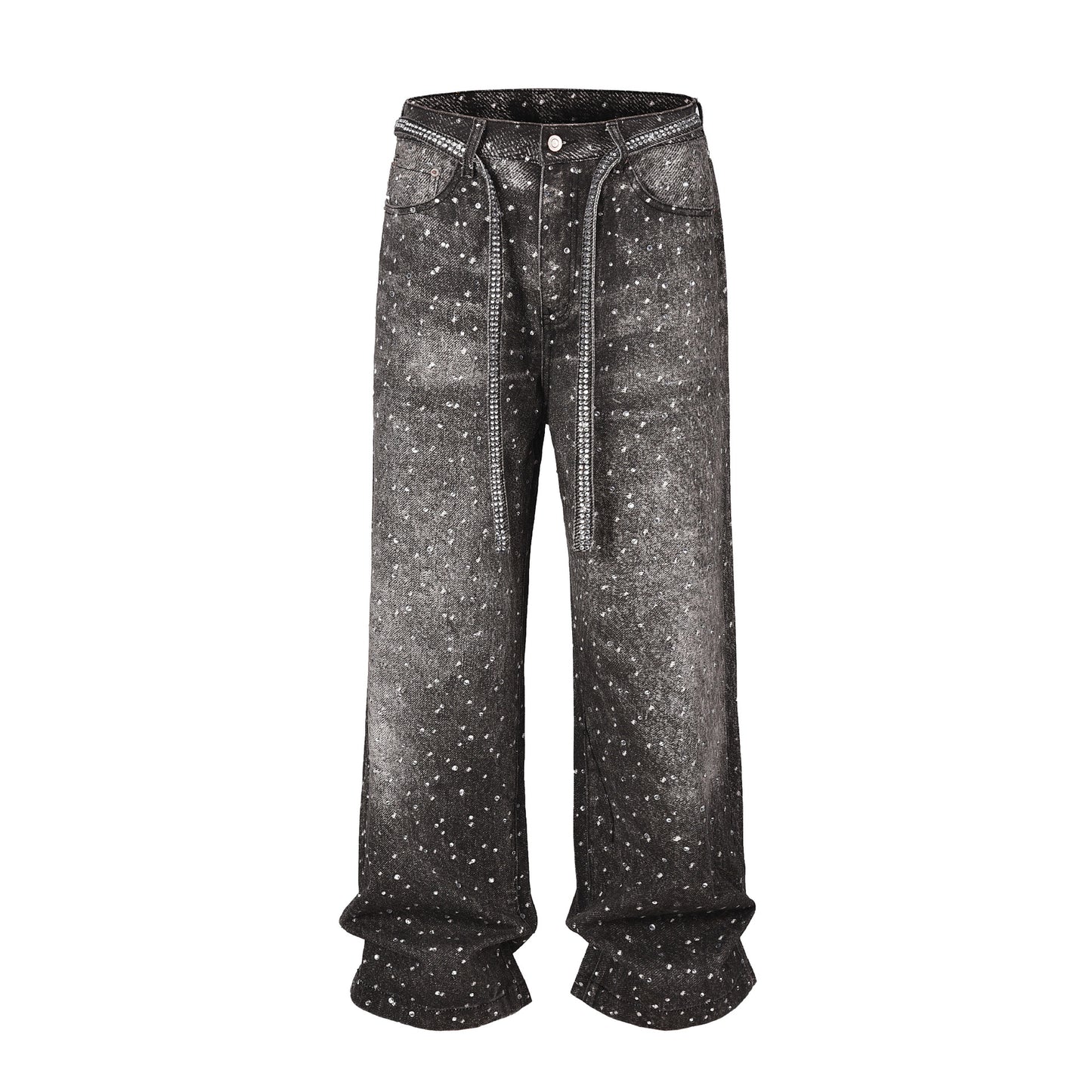 Washed Loose Wide Leg Full Diamond Printed Stacked Jeans
