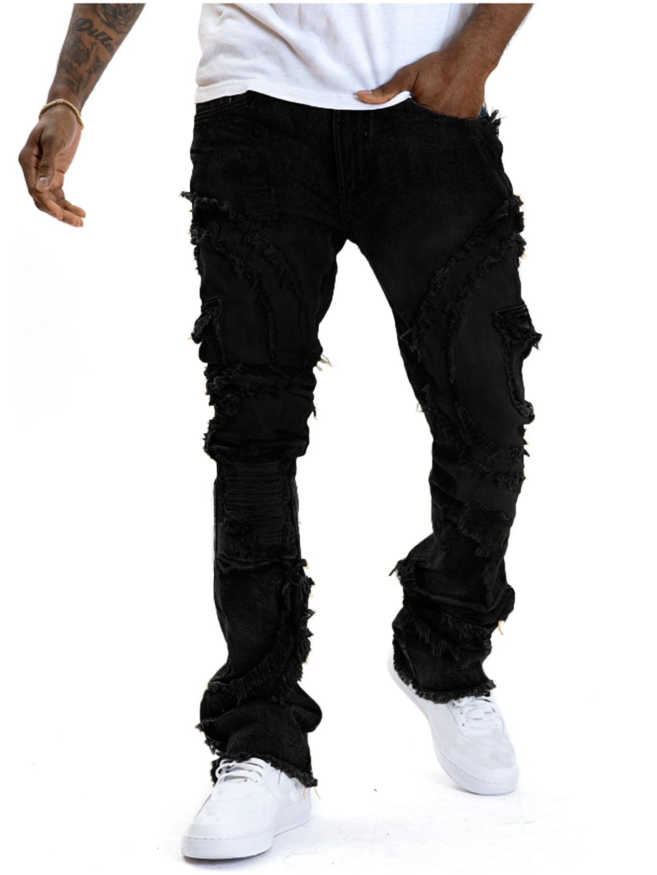 Patchwork Fringe Slightly Flared Stretch Jeans