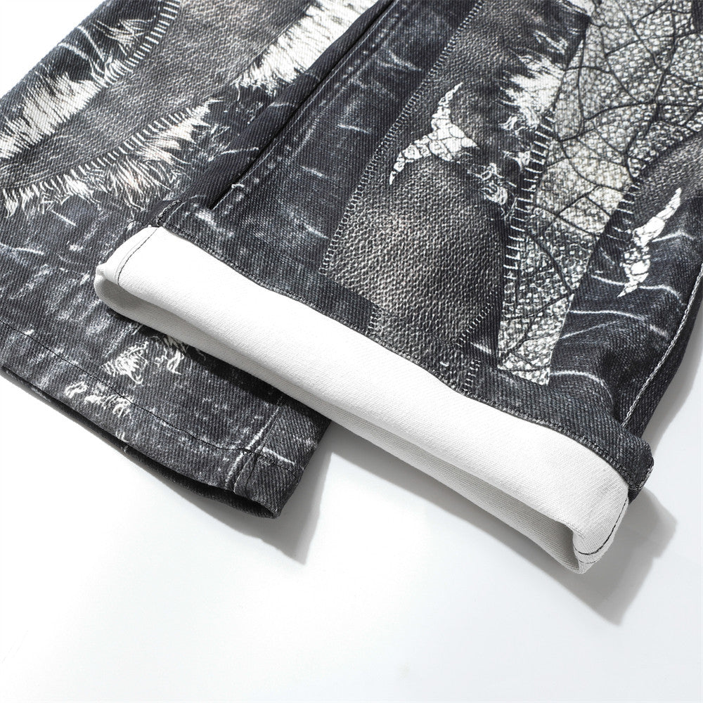 Men's Dark Digital Printing Wash Horn Jeans