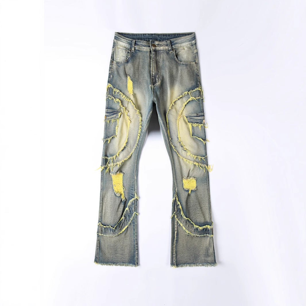 Patchwork Fringe Slightly Flared Stretch Jeans