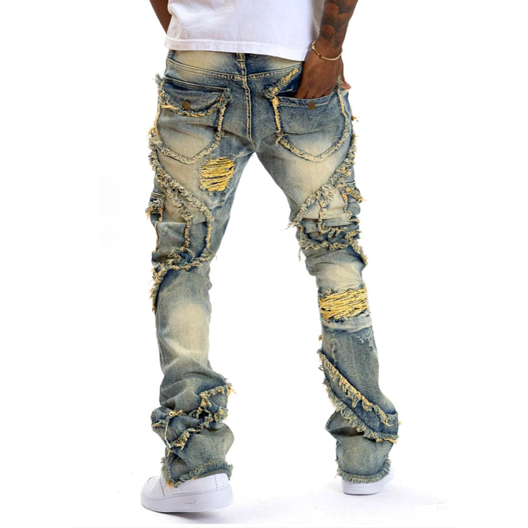 Patchwork Fringe Slightly Flared Stretch Jeans
