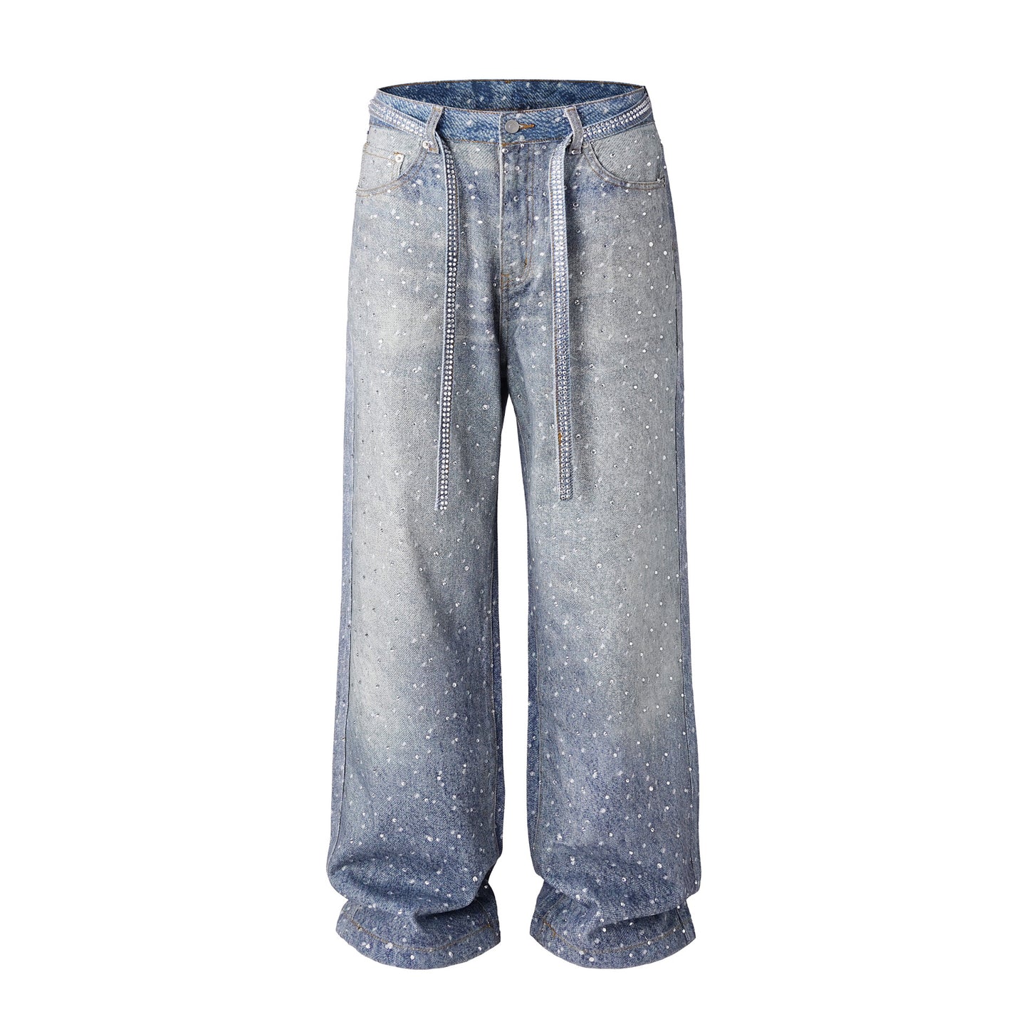 Washed Loose Wide Leg Full Diamond Printed Stacked Jeans