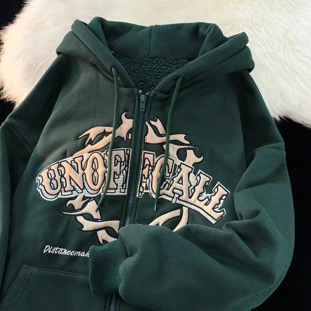Sudadera con capucha de polar con cremallera y estampado de letras