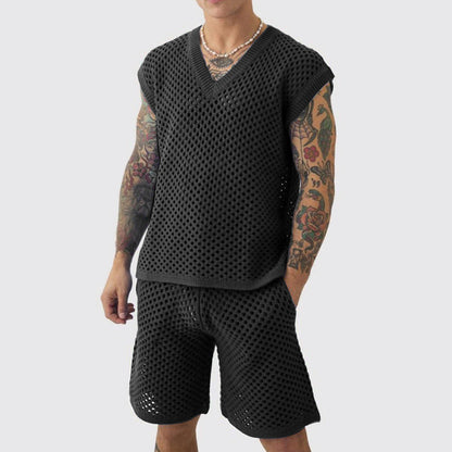 Men's V-neck Knitted Vest Shorts Set