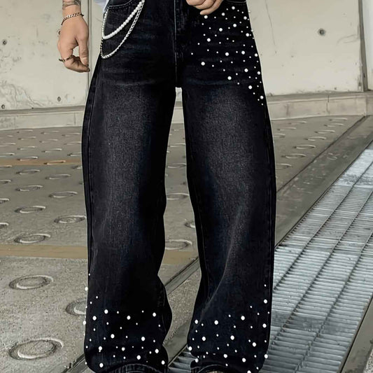 High Street Style Black Flared Pearl Jeans