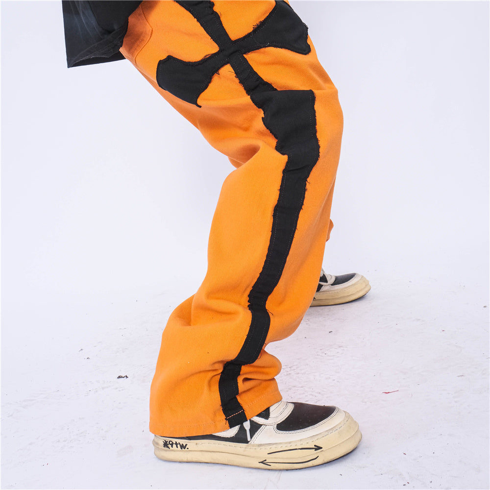 Cross Patch Embroidery Casual Loose Straight Leg Pants