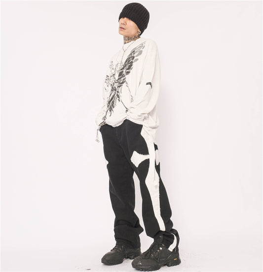 Cross Patch Embroidery Casual Loose Straight Leg Pants