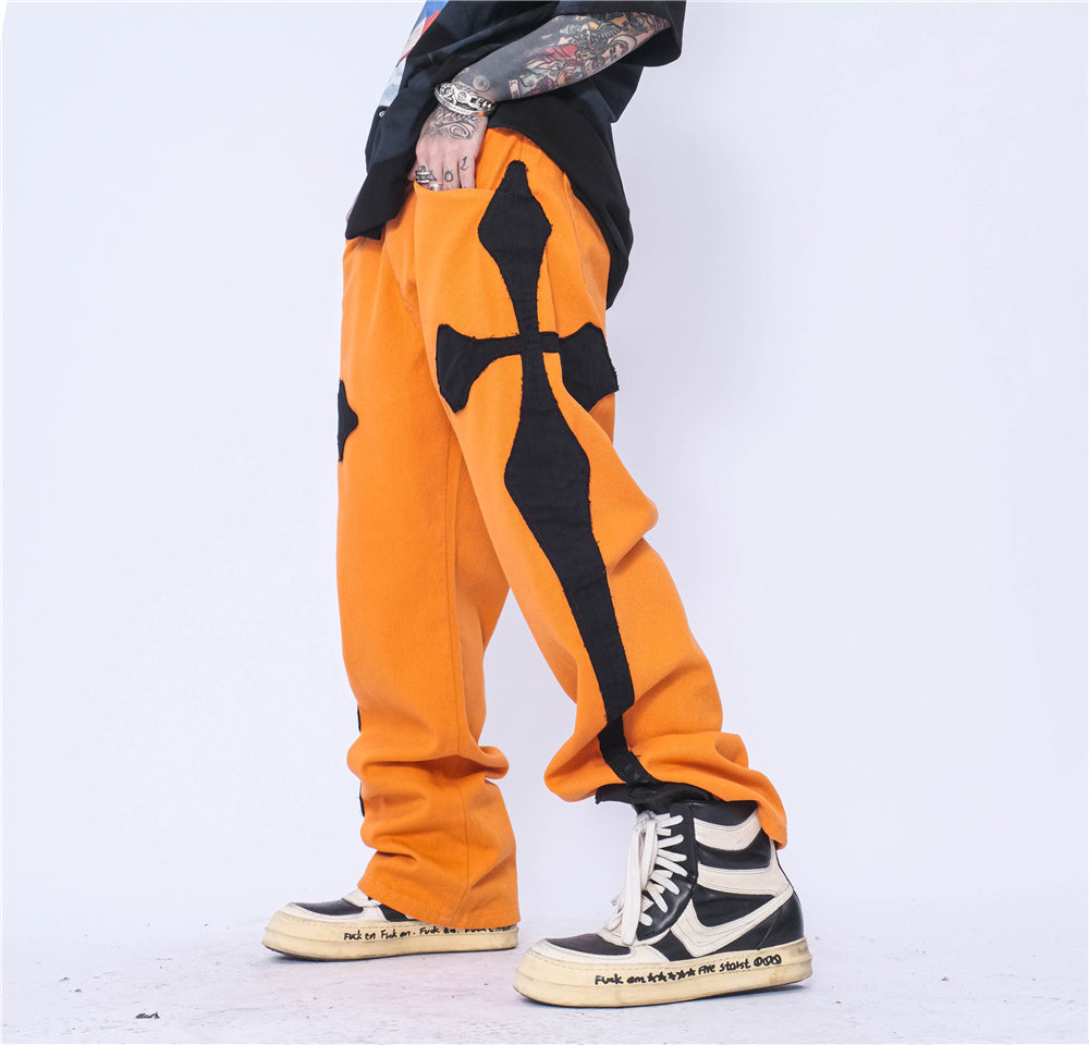 Cross Patch Embroidery Casual Loose Straight Leg Pants