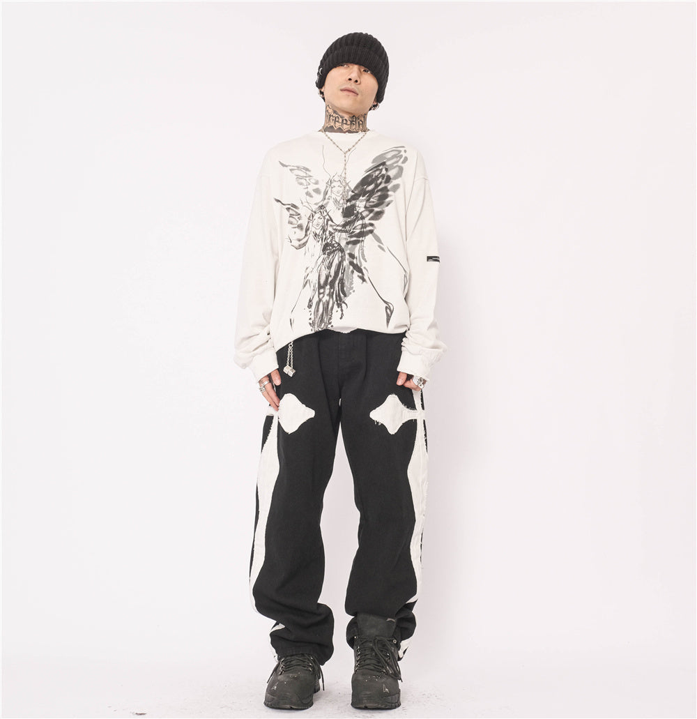 Cross Patch Embroidery Casual Loose Straight Leg Pants