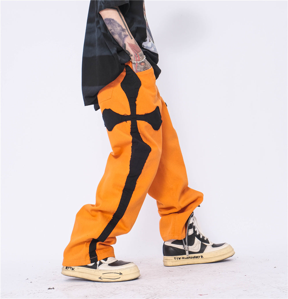 Cross Patch Embroidery Casual Loose Straight Leg Pants