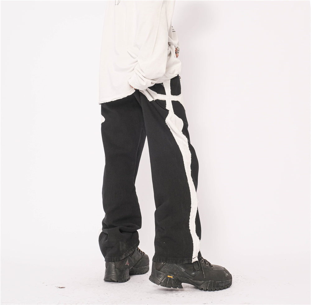 Cross Patch Embroidery Casual Loose Straight Leg Pants