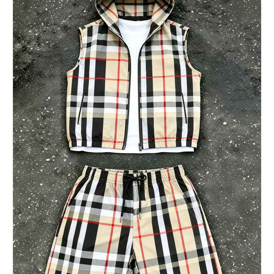 Plaid Zip Vest Casual Street Style Short Set
