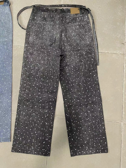 Washed Loose Wide Leg Full Diamond Printed Stacked Jeans