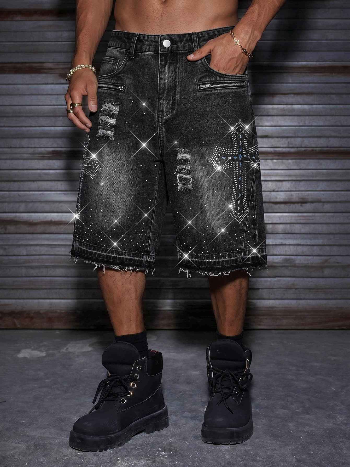 Loose Fit Rhinestone Embellished Metallic Zipper Washed Denim Shorts