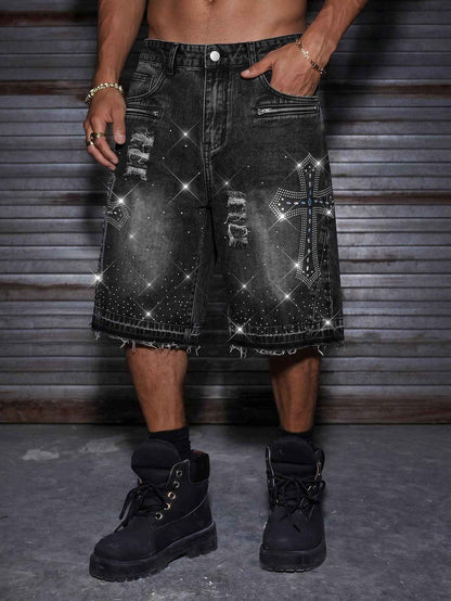 Loose Fit Rhinestone Embellished Metallic Zipper Washed Denim Shorts