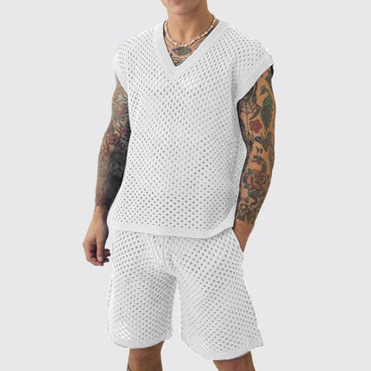 Men's V-neck Knitted Vest Shorts Set