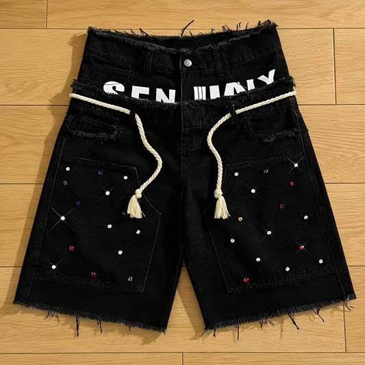 Street Style Diamond Frayed Denim Shorts