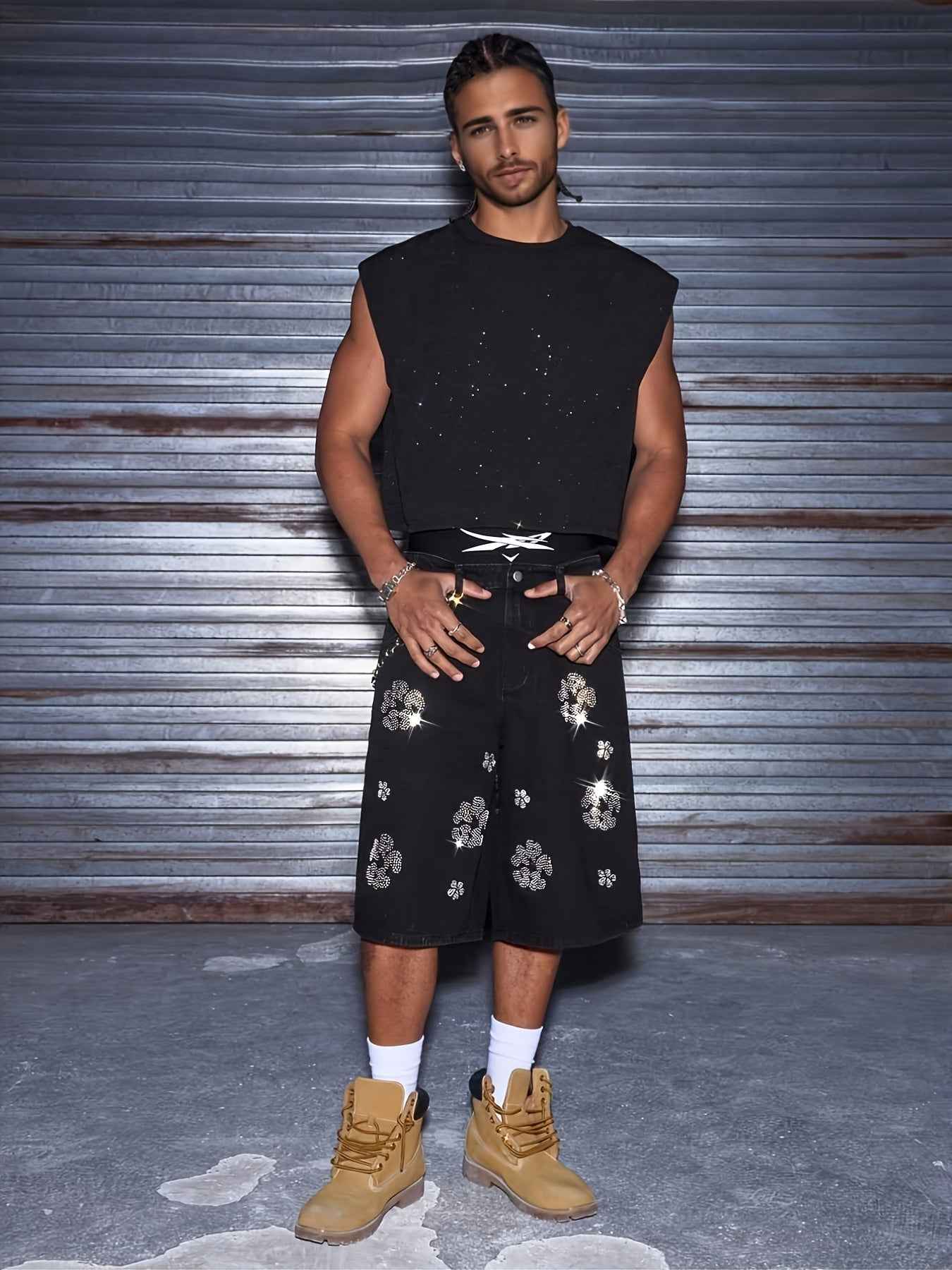 Printed Men's Black Denim Cool Shorts