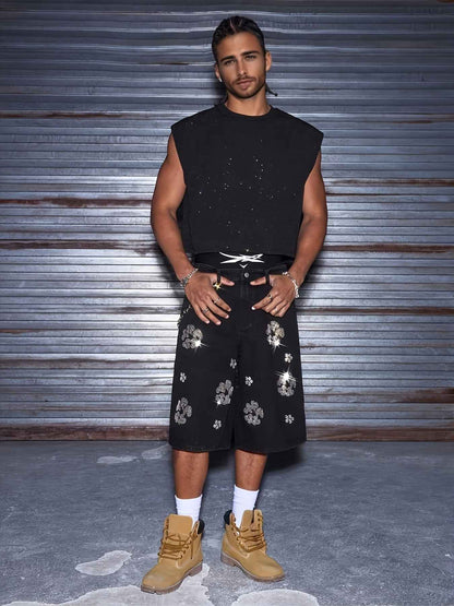 Printed Men's Black Denim Cool Shorts