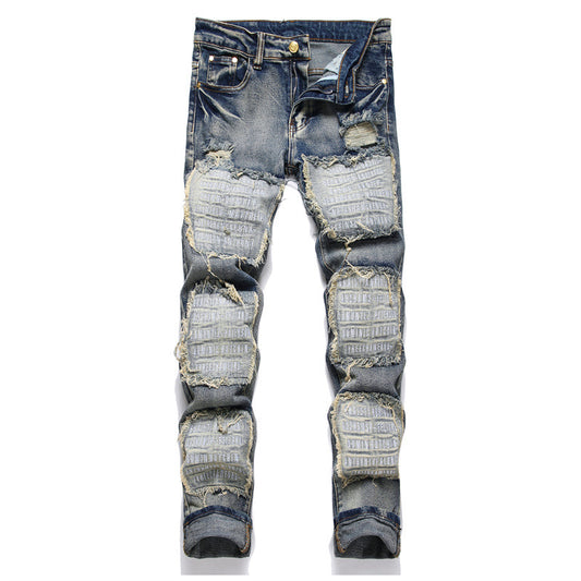 Retro Patch Blue Slim Fit Men Jeans