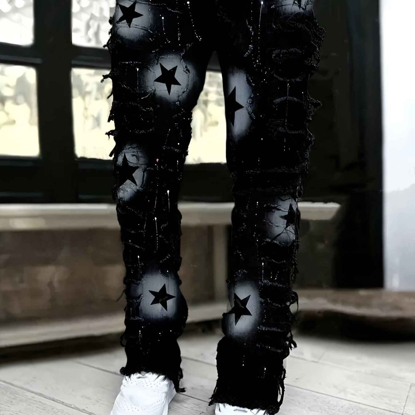 Men's Jeans with a Star Pattern And Layered Tassels