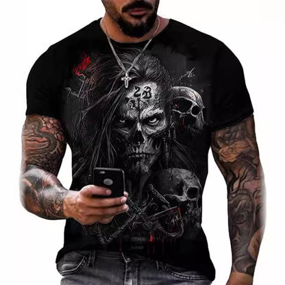 Printed Men's Short Sleeve Skull Head Round Neck T-shirt