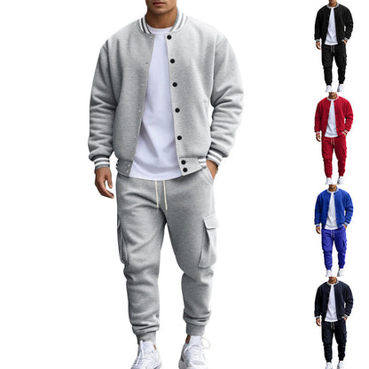 Stand Collar Fleece-Lined Casual Coat Sports Set