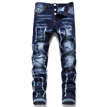 Vaqueros de moda con múltiples parches y estilo mendigo