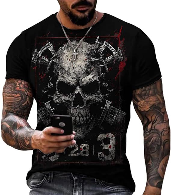 Printed Men's Short Sleeve Skull Head Round Neck T-shirt