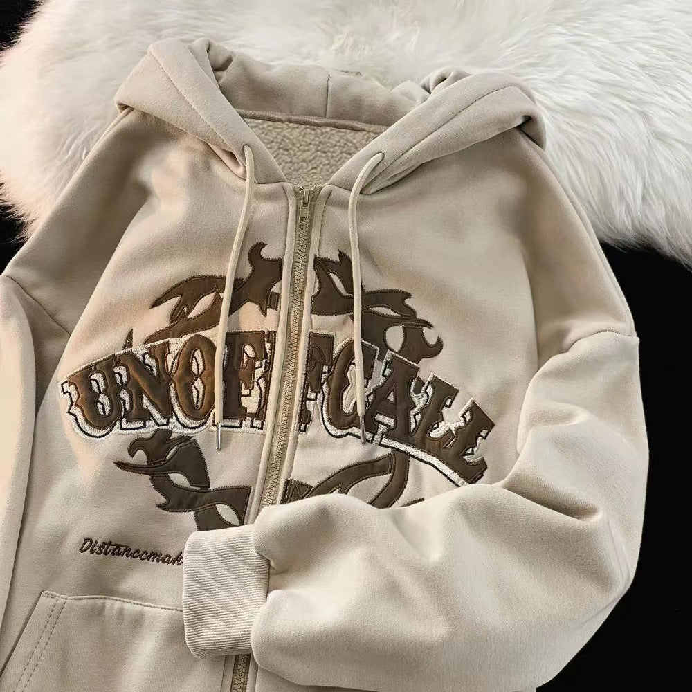 Sudadera con capucha de polar con cremallera y estampado de letras