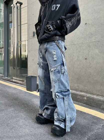Multi-pocket Ripped Industry Design Straight Jeans