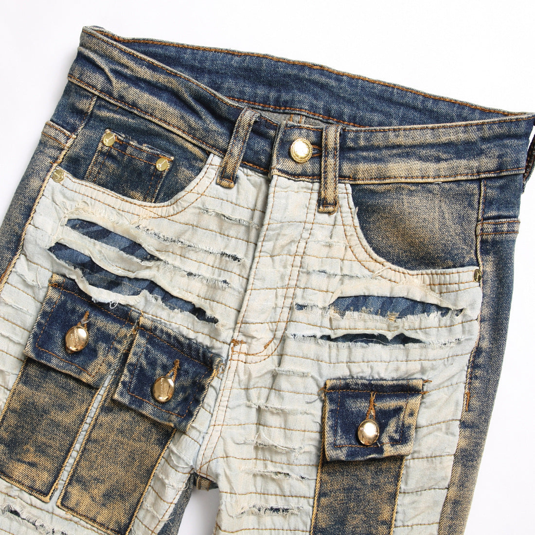 Spliced Cut-off Multi-pocket Trendy Mid-rise Jeans