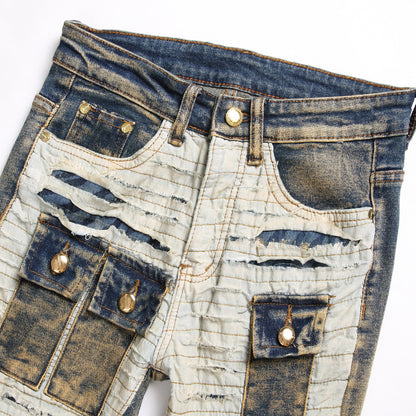 Spliced Cut-off Multi-pocket Trendy Mid-rise Jeans