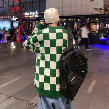 Winter Loose Chessboard Round Neck Sweater