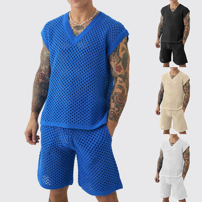 Men's V-neck Knitted Vest Shorts Set