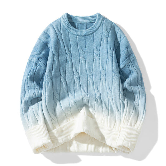 Gradient Style Contrast Round Neck Thickened Men's Sweater