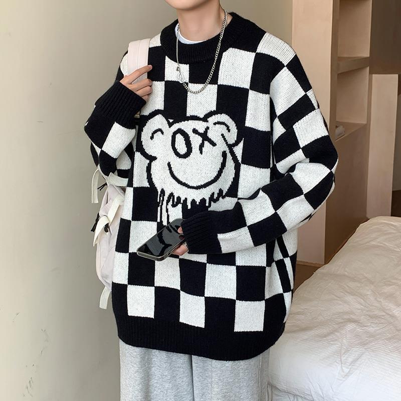 Winter Loose Chessboard Round Neck Sweater
