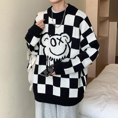 Winter Loose Chessboard Round Neck Sweater