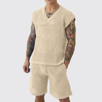Men's V-neck Knitted Vest Shorts Set