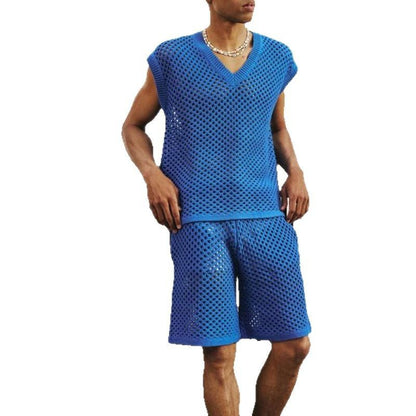 Men's V-neck Knitted Vest Shorts Set
