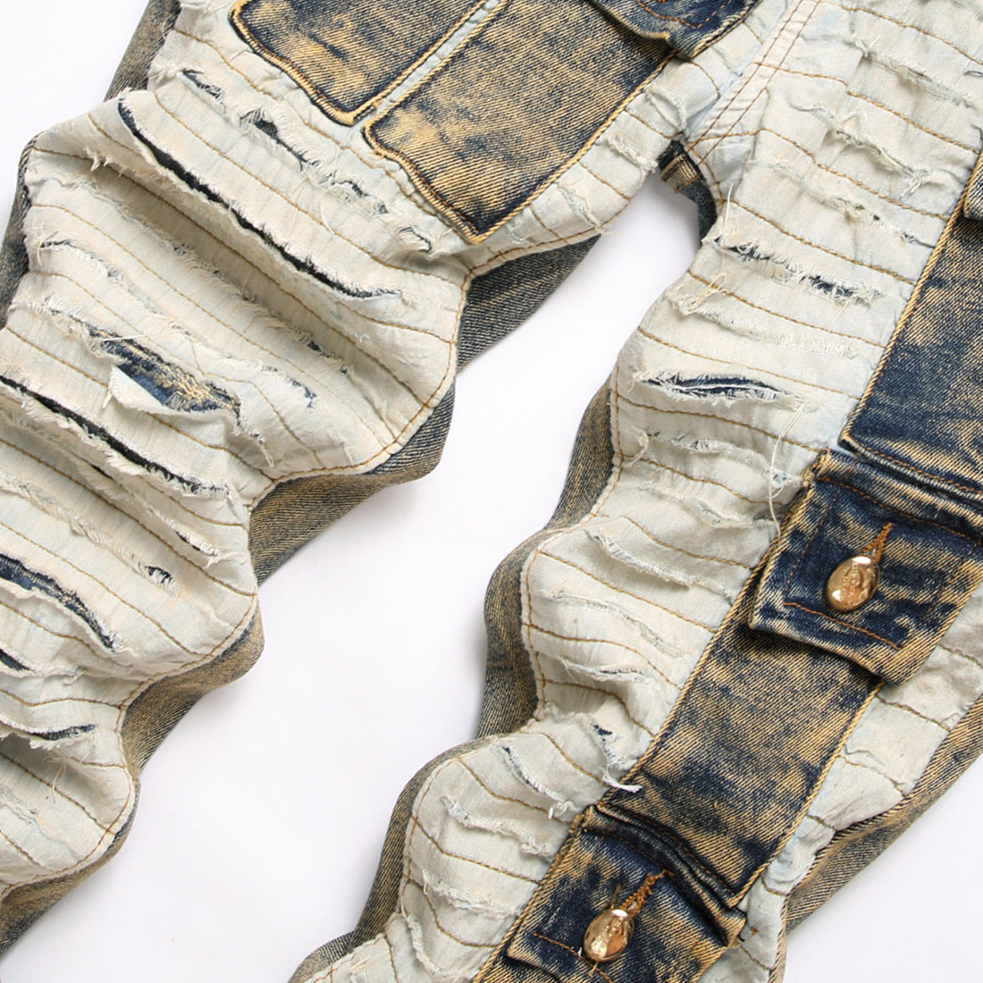 Spliced Cut-off Multi-pocket Trendy Mid-rise Jeans