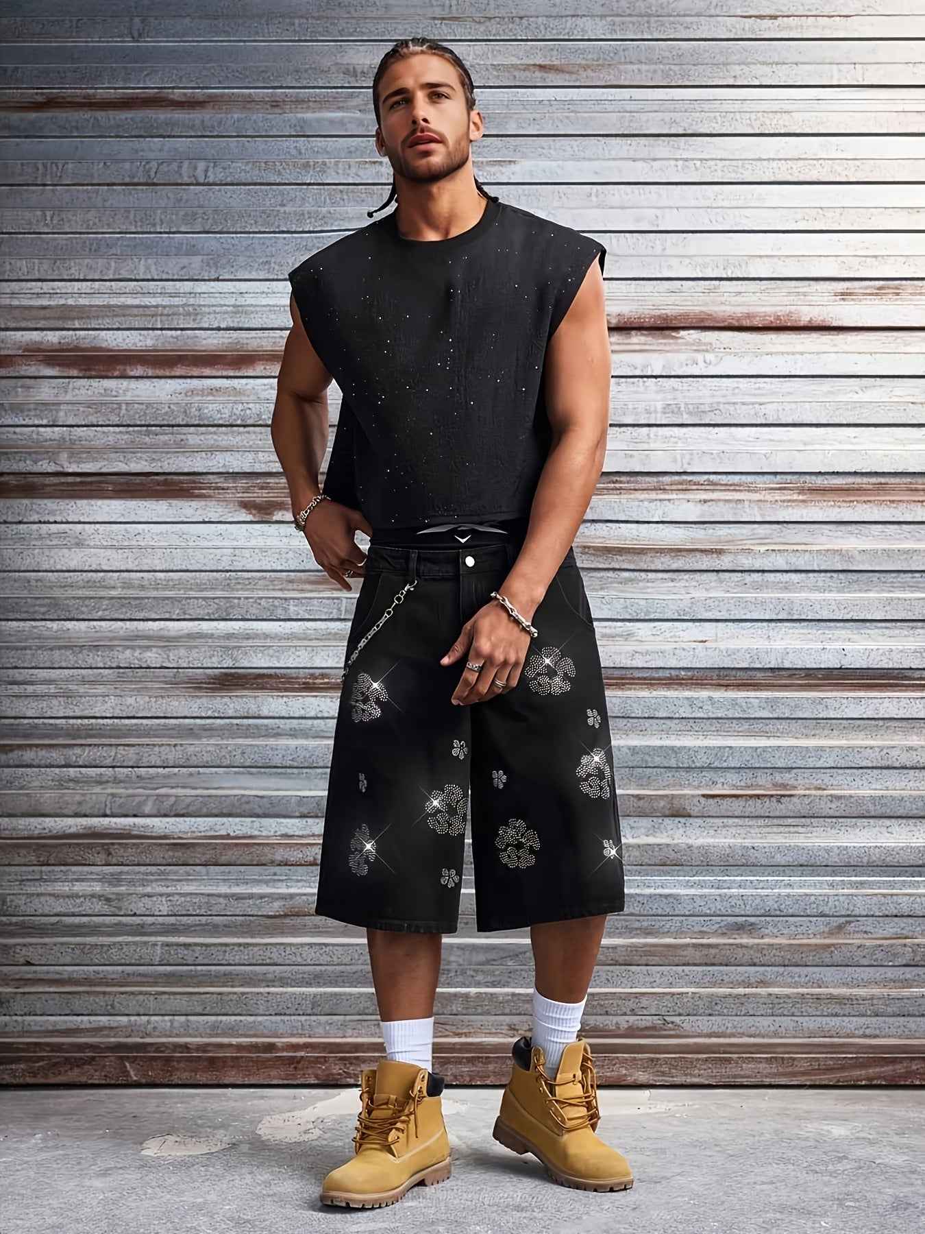 Printed Men's Black Denim Cool Shorts